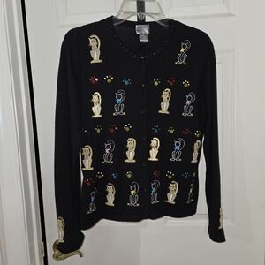 Berek Black Cardigan with Colorful Cat Embroidery Size Medium